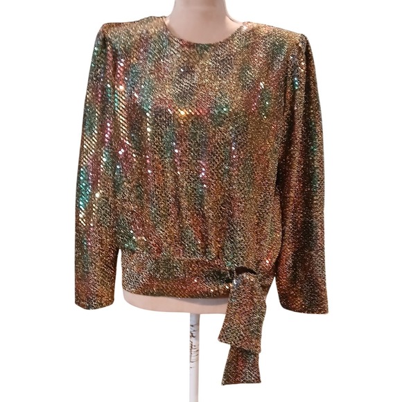Another Thyme Tops - Vtg Another Thyme Medium Metallic Sequin Blouse Gold Multicolor Side Tie - READ